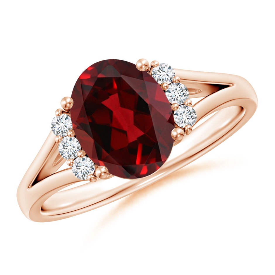 9x7mm AAAA Oval Garnet with Round Diamond Collar Solitaire Ring in Rose Gold 