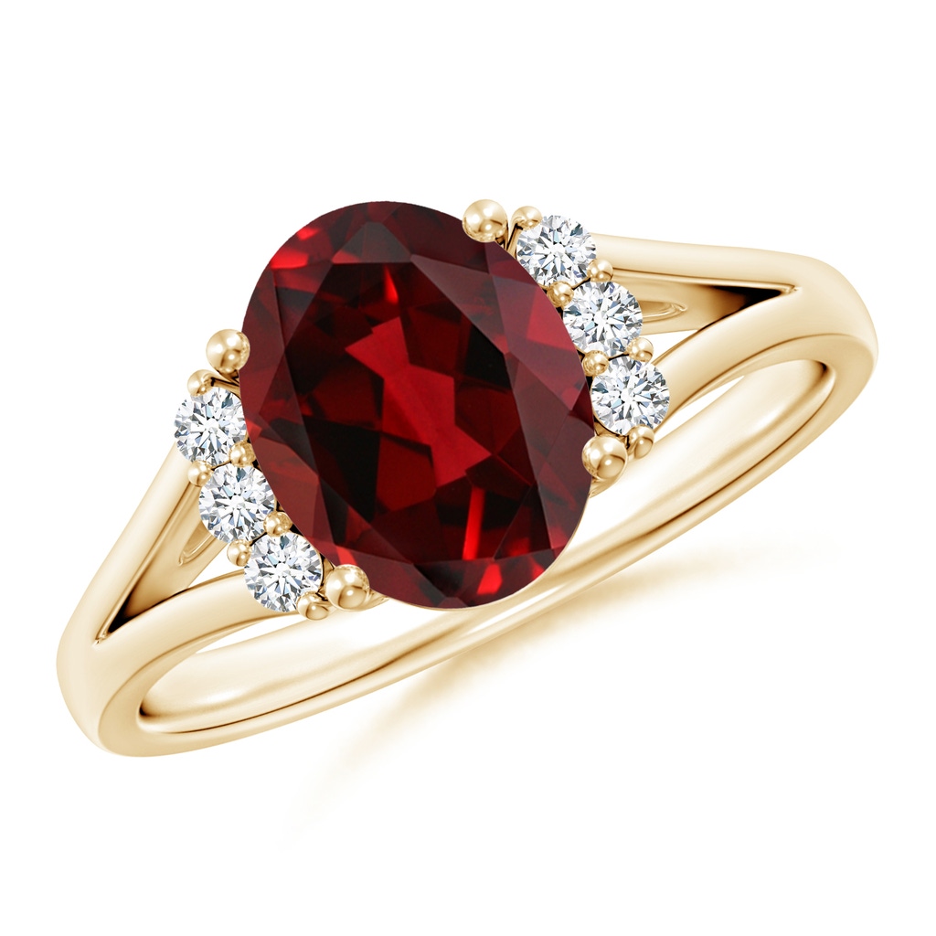 9x7mm AAAA Oval Garnet with Round Diamond Collar Solitaire Ring in Yellow Gold