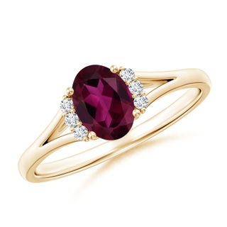 7x5mm AAA Oval Rhodolite with Round Diamond Collar Solitaire Ring in Yellow Gold