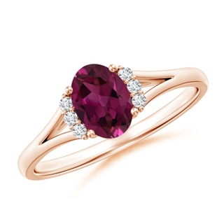 7x5mm AAAA Oval Rhodolite with Round Diamond Collar Solitaire Ring in Rose Gold