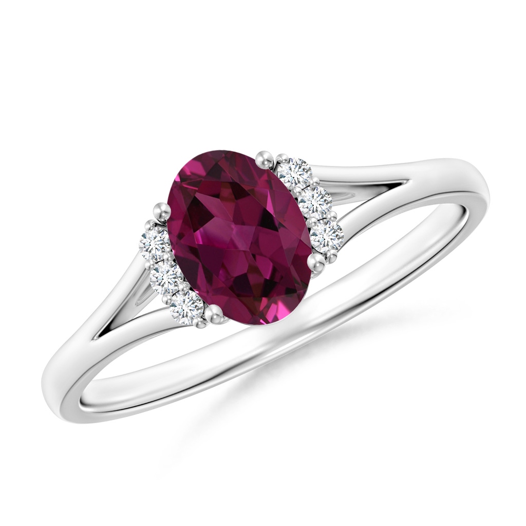 7x5mm AAAA Oval Rhodolite with Round Diamond Collar Solitaire Ring in White Gold