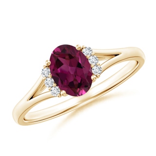 7x5mm AAAA Oval Rhodolite with Round Diamond Collar Solitaire Ring in Yellow Gold