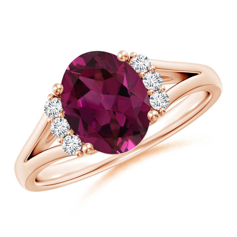 9x7mm AAAA Oval Rhodolite with Round Diamond Collar Solitaire Ring in Rose Gold 