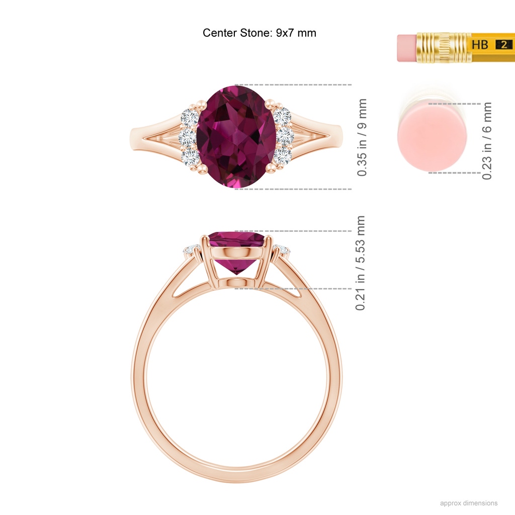9x7mm AAAA Oval Rhodolite with Round Diamond Collar Solitaire Ring in Rose Gold Ruler