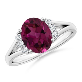 9x7mm AAAA Oval Rhodolite with Round Diamond Collar Solitaire Ring in White Gold