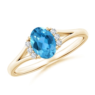 7x5mm AAA Oval Swiss Blue Topaz with Round Diamond Collar Ring in 9K Yellow Gold
