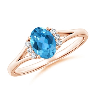 7x5mm AAA Oval Swiss Blue Topaz with Round Diamond Collar Ring in Rose Gold