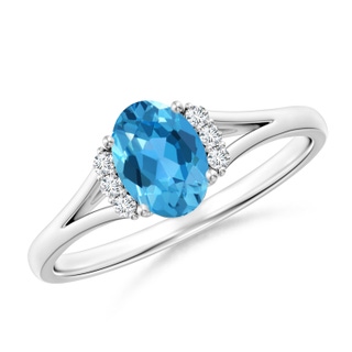 7x5mm AAA Oval Swiss Blue Topaz with Round Diamond Collar Ring in White Gold