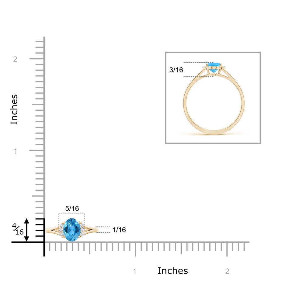 7x5mm AAA Oval Swiss Blue Topaz with Round Diamond Collar Ring in Yellow Gold ruler