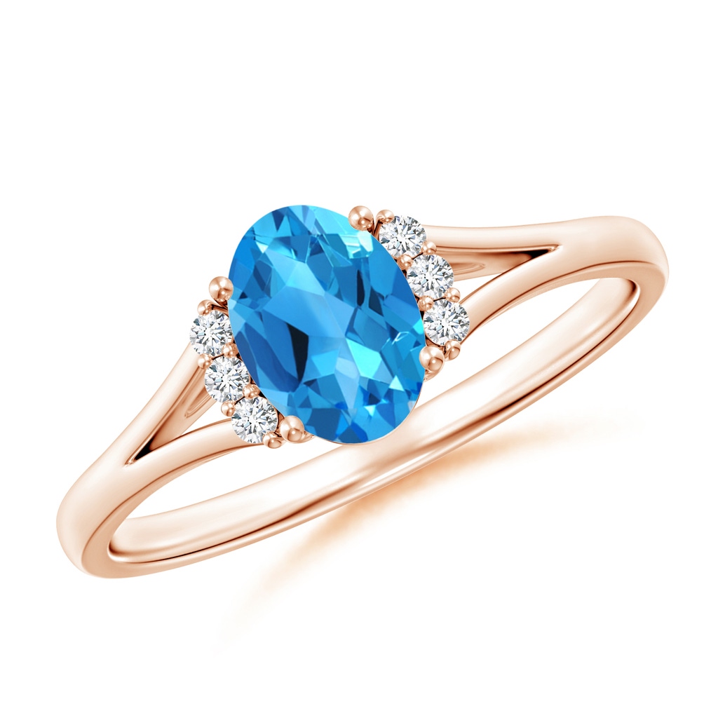7x5mm AAAA Oval Swiss Blue Topaz with Round Diamond Collar Ring in Rose Gold