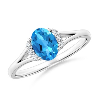 7x5mm AAAA Oval Swiss Blue Topaz with Round Diamond Collar Ring in White Gold