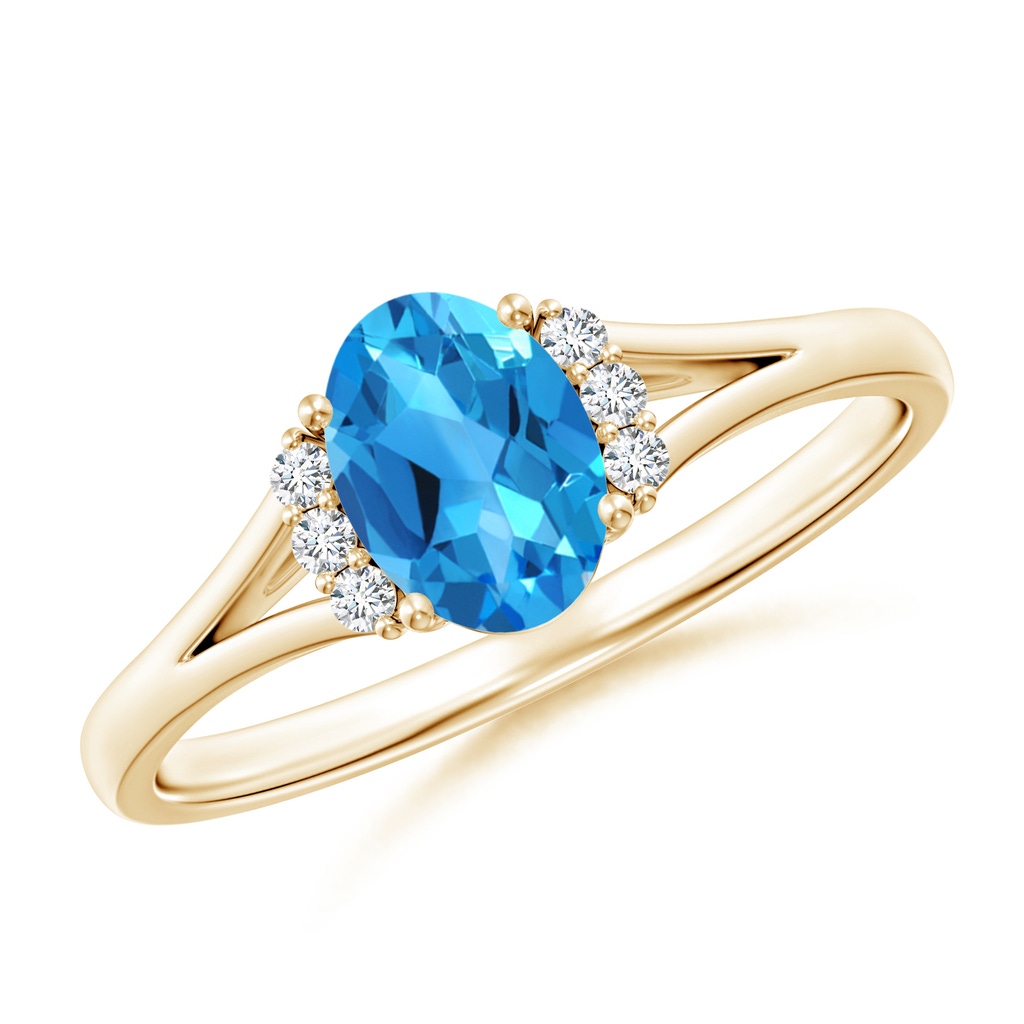 7x5mm AAAA Oval Swiss Blue Topaz with Round Diamond Collar Ring in Yellow Gold