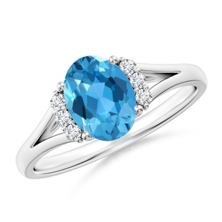 8x6mm AAA Oval Swiss Blue Topaz with Round Diamond Collar Ring in White Gold