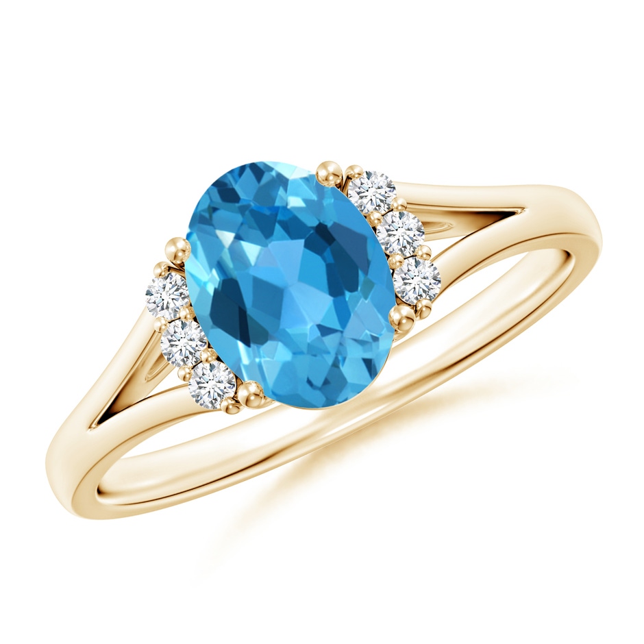 8x6mm AAA Oval Swiss Blue Topaz with Round Diamond Collar Ring in Yellow Gold 