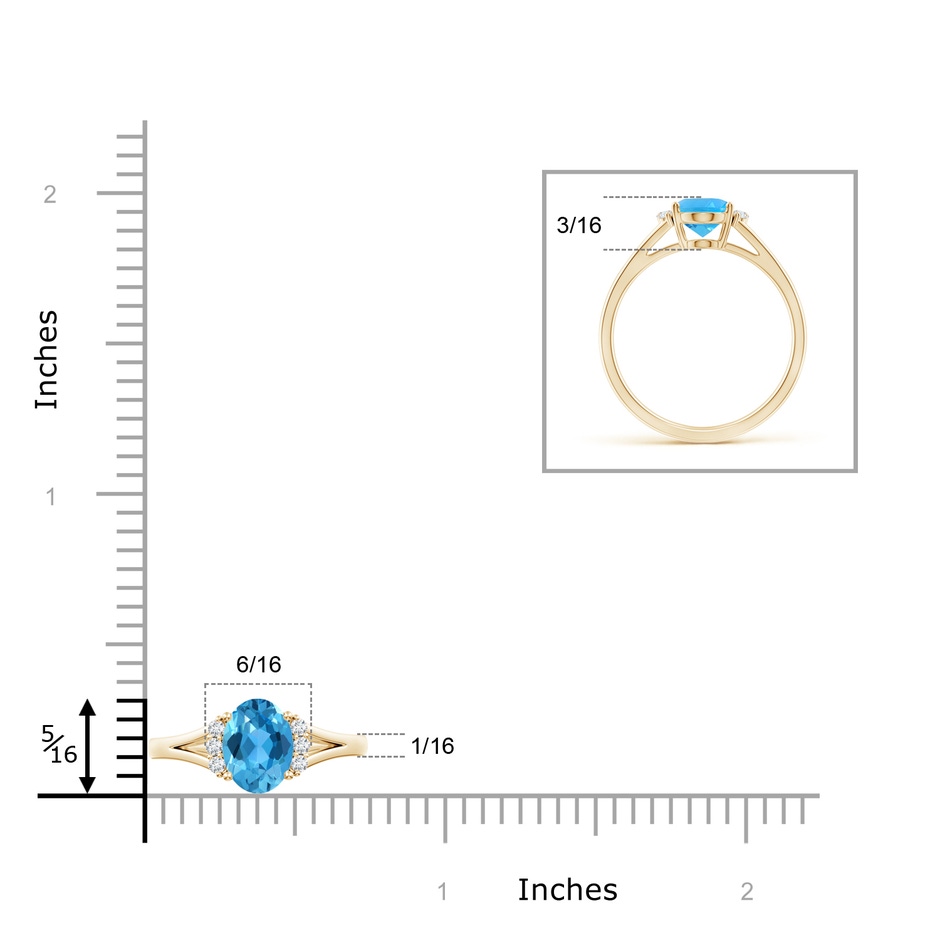 8x6mm AAA Oval Swiss Blue Topaz with Round Diamond Collar Ring in Yellow Gold ruler