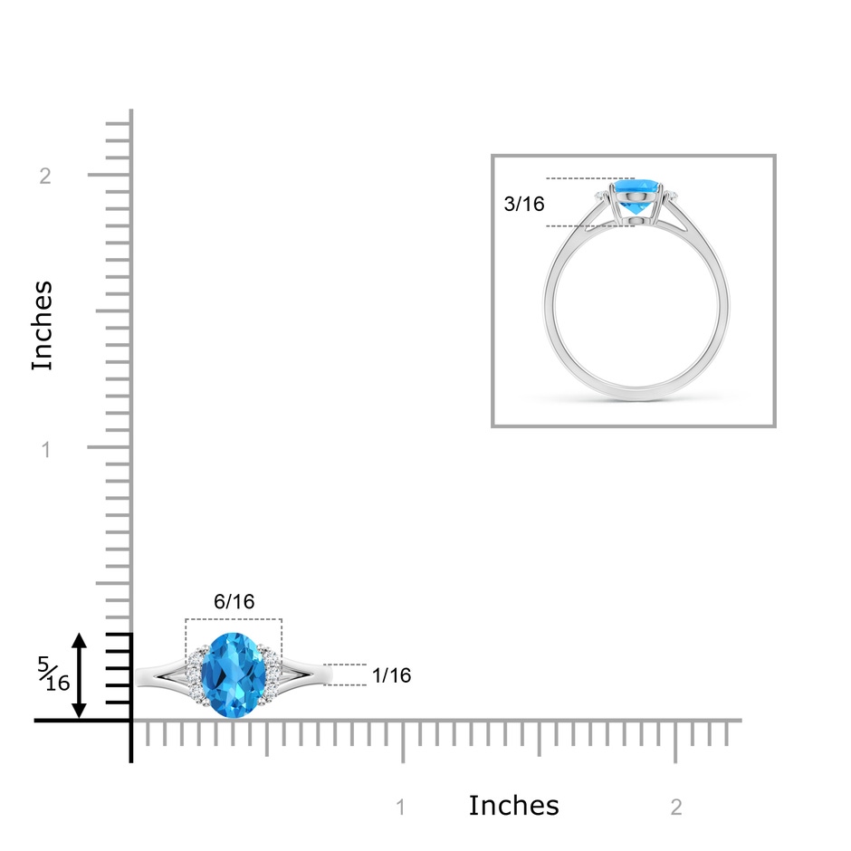 8x6mm AAAA Oval Swiss Blue Topaz with Round Diamond Collar Ring in White Gold ruler