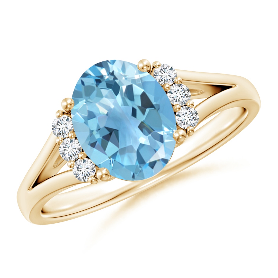 9x7mm A Oval Swiss Blue Topaz with Round Diamond Collar Ring in Yellow Gold 