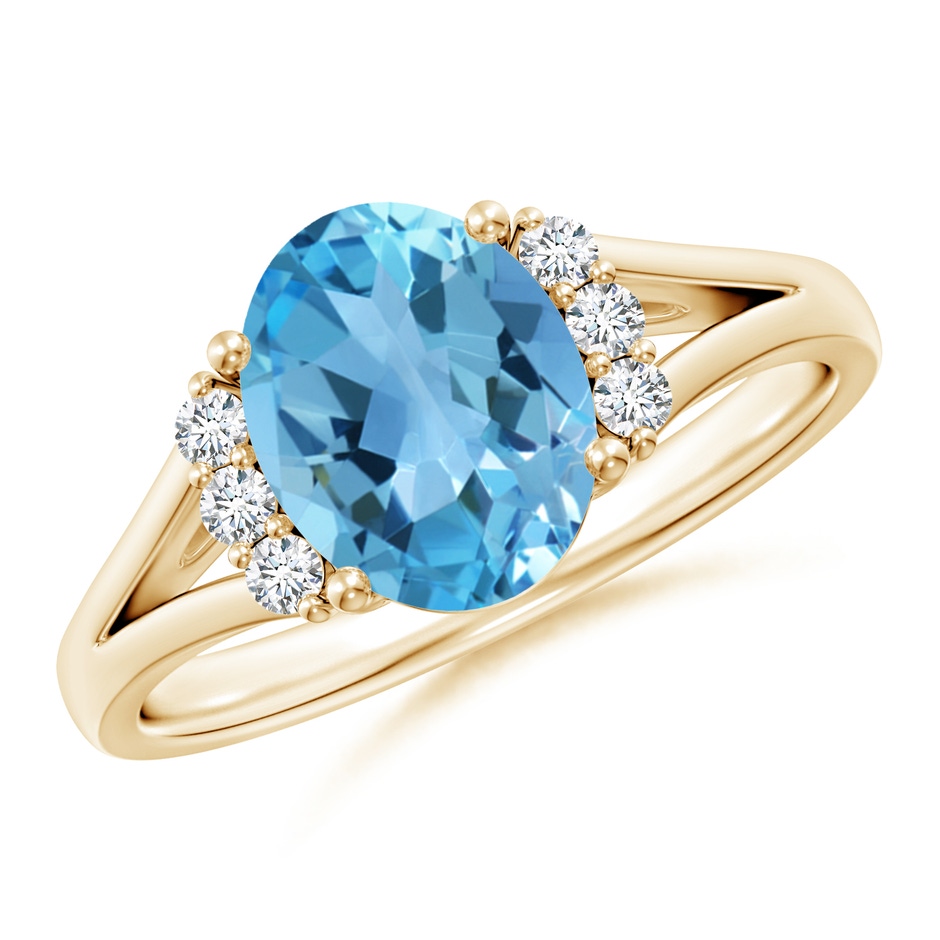 9x7mm AA Oval Swiss Blue Topaz with Round Diamond Collar Ring in Yellow Gold 