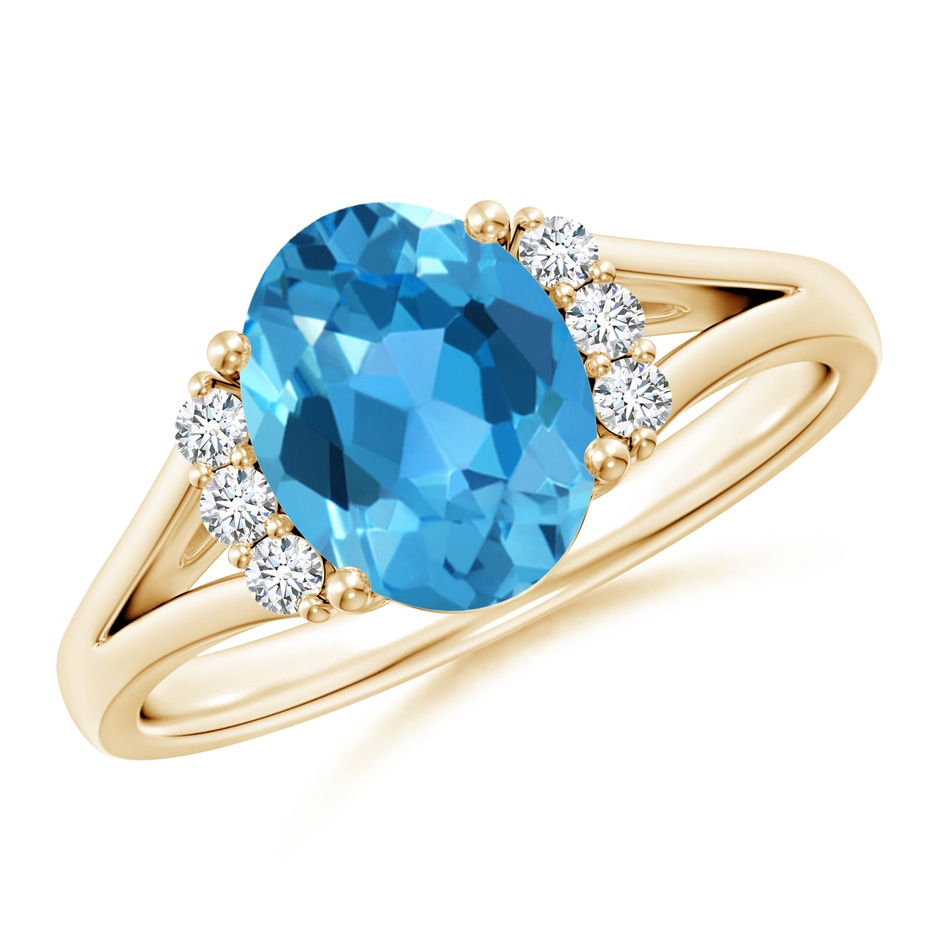 9x7mm AAA Oval Swiss Blue Topaz with Round Diamond Collar Ring in Yellow Gold 
