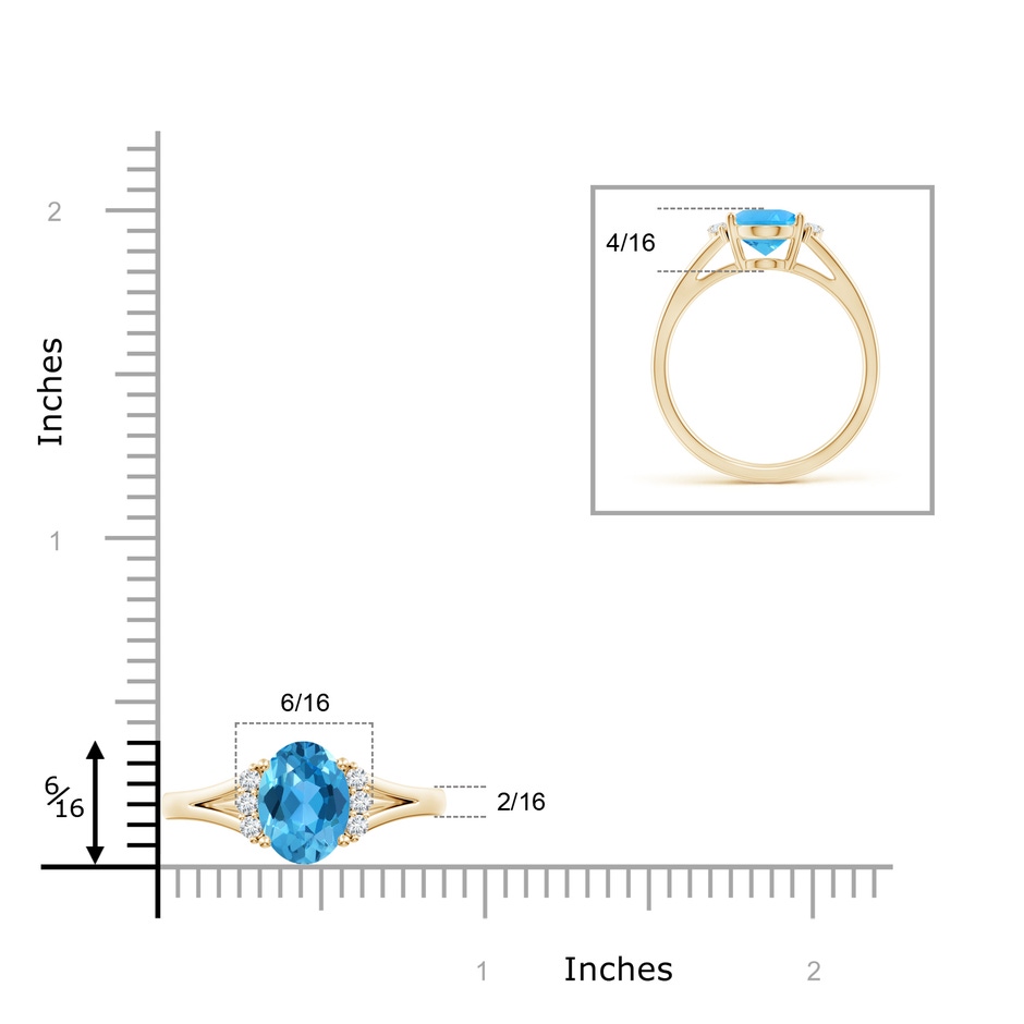 9x7mm AAA Oval Swiss Blue Topaz with Round Diamond Collar Ring in Yellow Gold ruler
