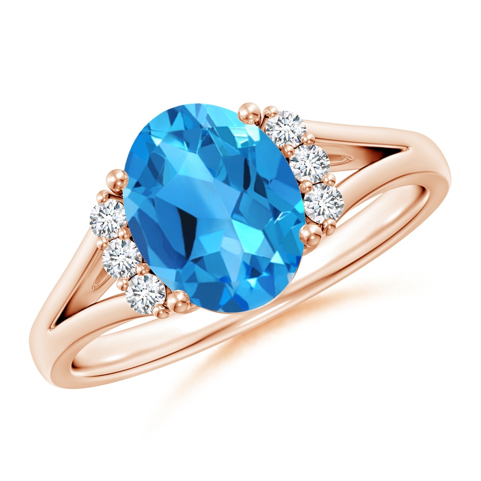 9x7mm AAAA Oval Swiss Blue Topaz with Round Diamond Collar Ring in Rose Gold 