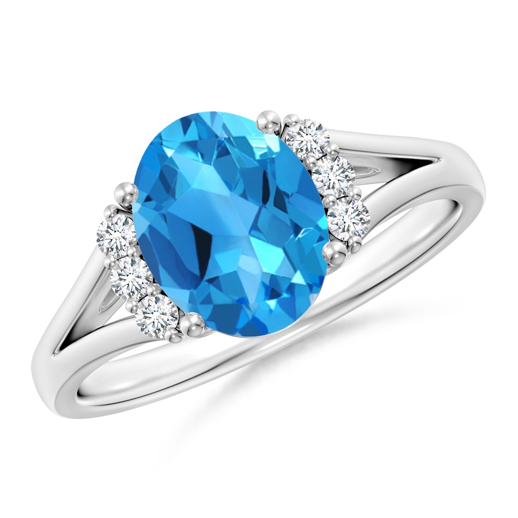 9x7mm AAAA Oval Swiss Blue Topaz with Round Diamond Collar Ring in White Gold
