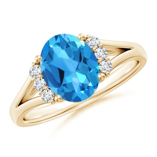 9x7mm AAAA Oval Swiss Blue Topaz with Round Diamond Collar Ring in Yellow Gold