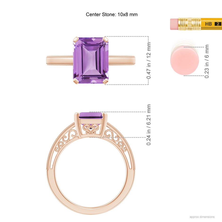 10x8mm A Emerald Cut Amethyst Solitaire Ring with Milgrain in Rose Gold ruler