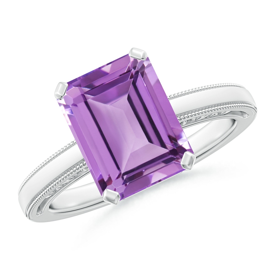 10x8mm A Emerald Cut Amethyst Solitaire Ring with Milgrain in White Gold 
