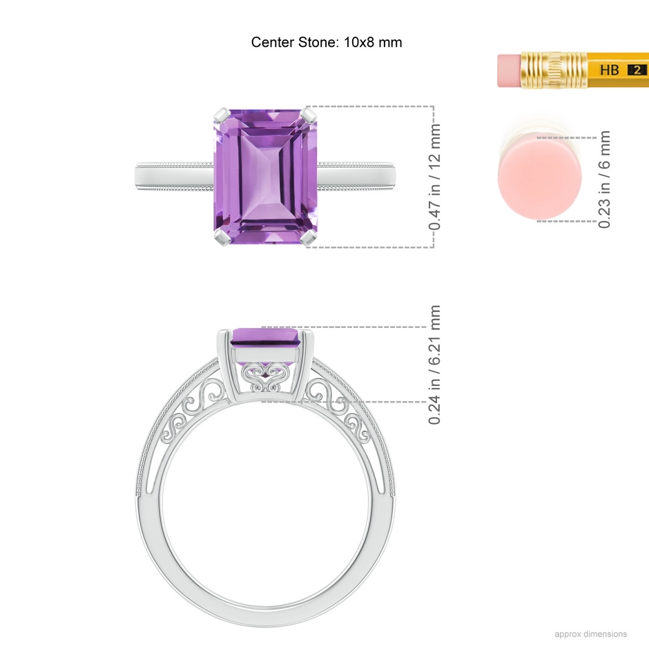 10x8mm A Emerald Cut Amethyst Solitaire Ring with Milgrain in White Gold ruler
