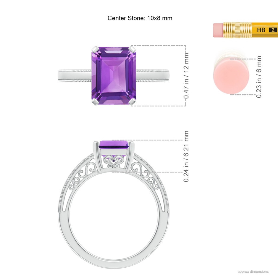 10x8mm AA Emerald Cut Amethyst Solitaire Ring with Milgrain in White Gold ruler