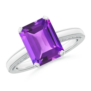 10x8mm AAA Emerald Cut Amethyst Solitaire Ring with Milgrain in White Gold