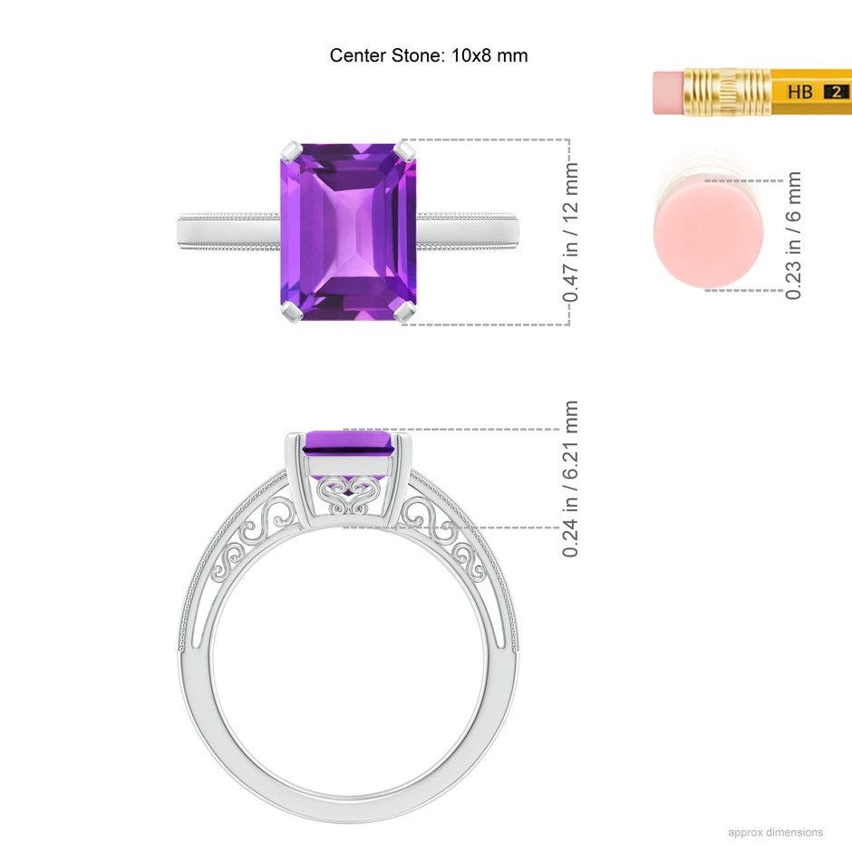 10x8mm AAA Emerald Cut Amethyst Solitaire Ring with Milgrain in White Gold ruler