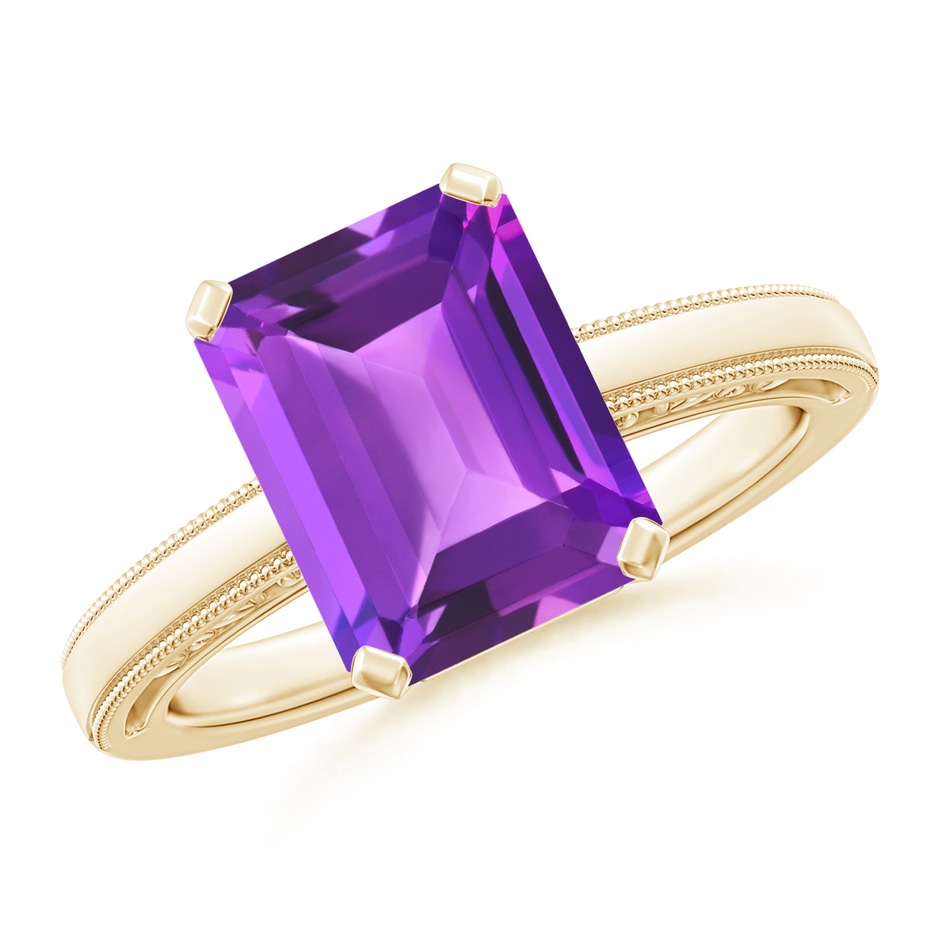 10x8mm AAA Emerald Cut Amethyst Solitaire Ring with Milgrain in Yellow Gold 