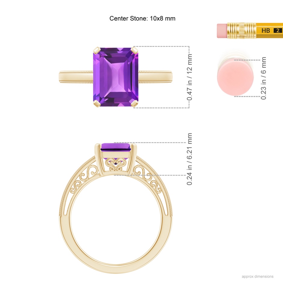 10x8mm AAA Emerald Cut Amethyst Solitaire Ring with Milgrain in Yellow Gold ruler