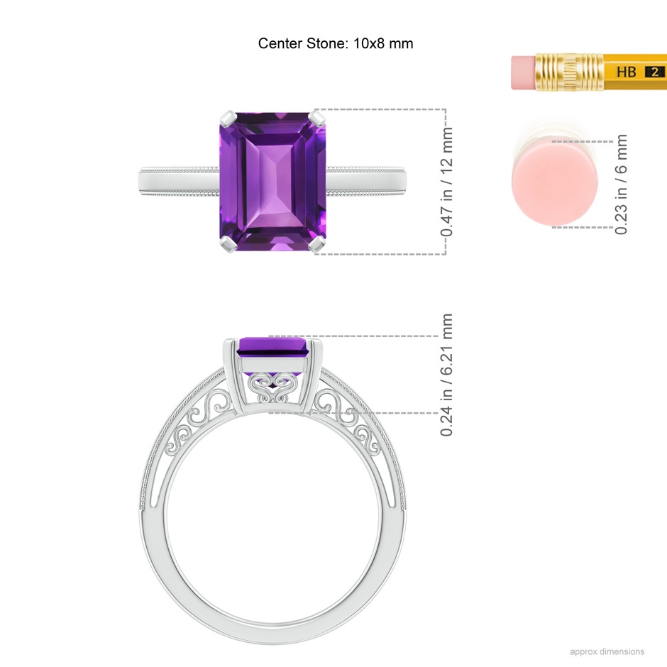 10x8mm AAAA Emerald Cut Amethyst Solitaire Ring with Milgrain in P950 Platinum ruler