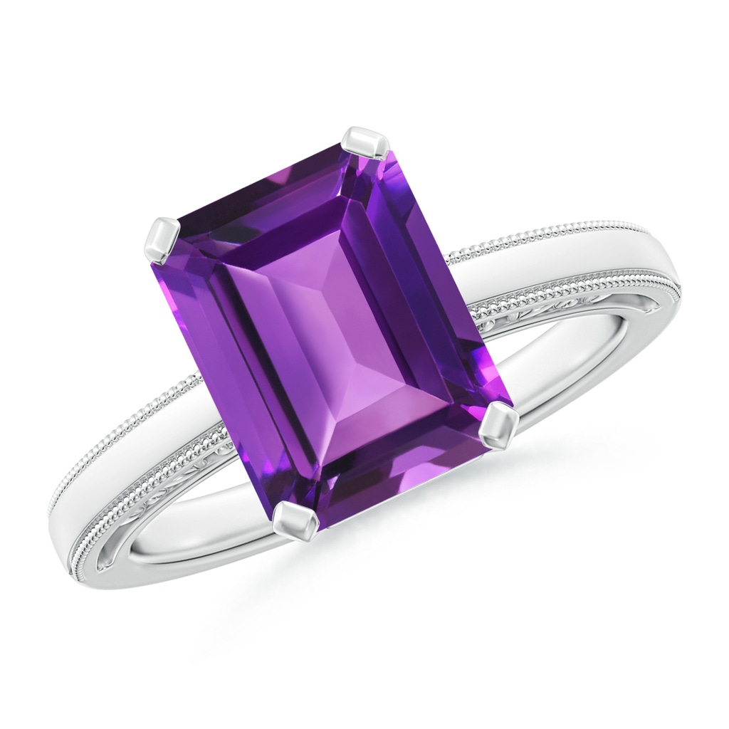 10x8mm AAAA Emerald Cut Amethyst Solitaire Ring with Milgrain in White Gold