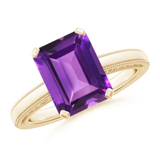 10x8mm AAAA Emerald Cut Amethyst Solitaire Ring with Milgrain in Yellow Gold