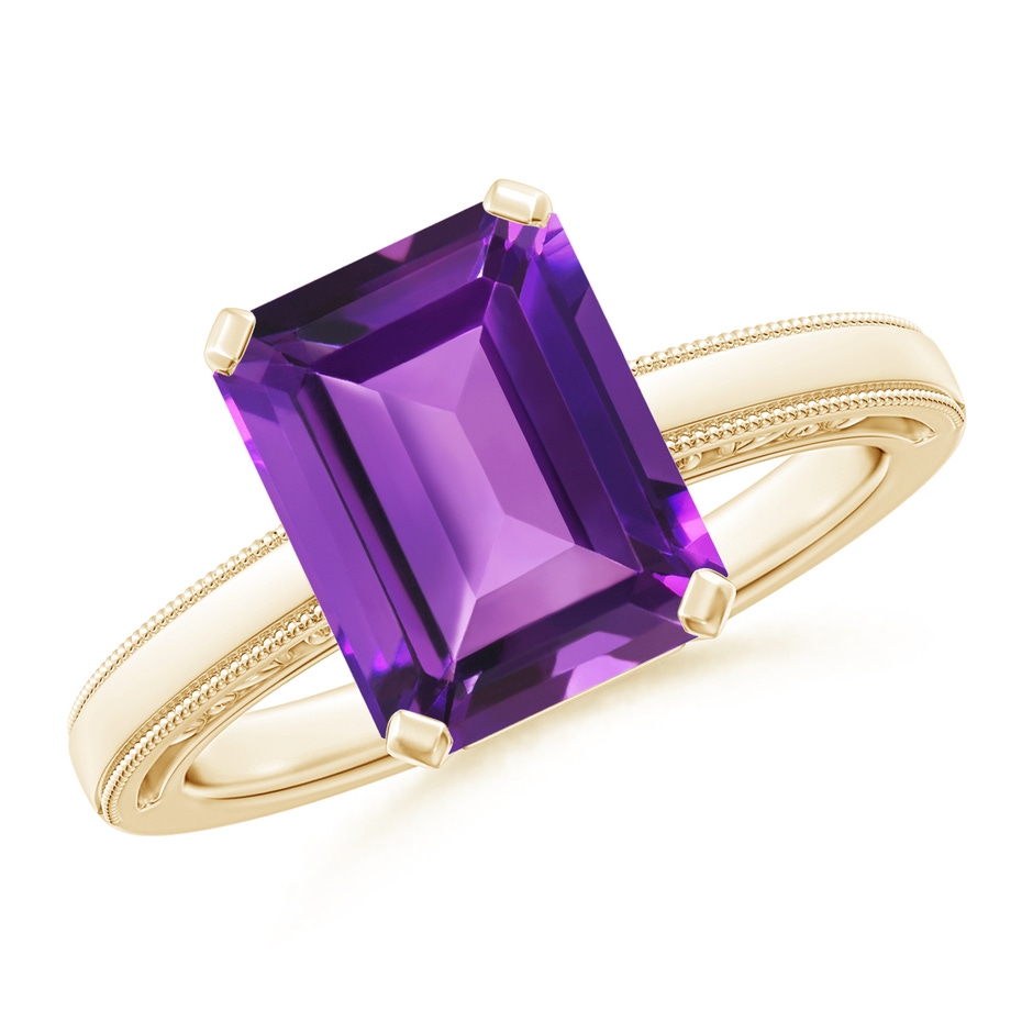 10x8mm AAAA Emerald Cut Amethyst Solitaire Ring with Milgrain in Yellow Gold 