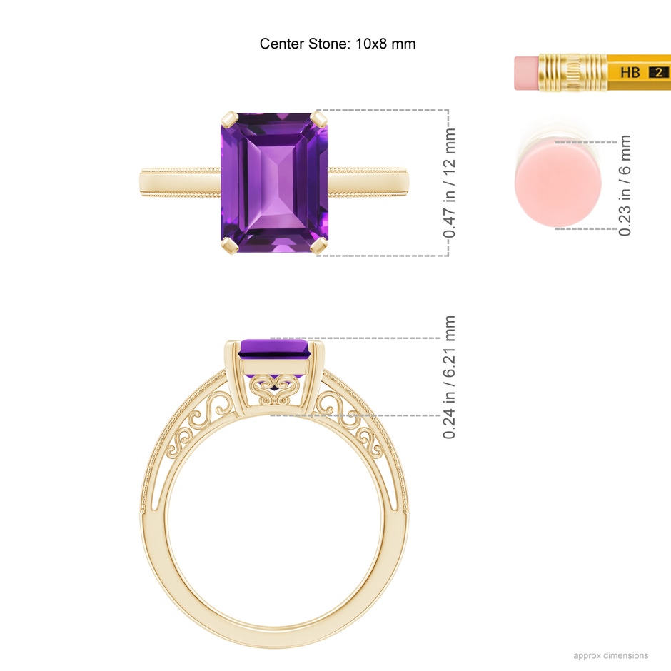 10x8mm AAAA Emerald Cut Amethyst Solitaire Ring with Milgrain in Yellow Gold ruler