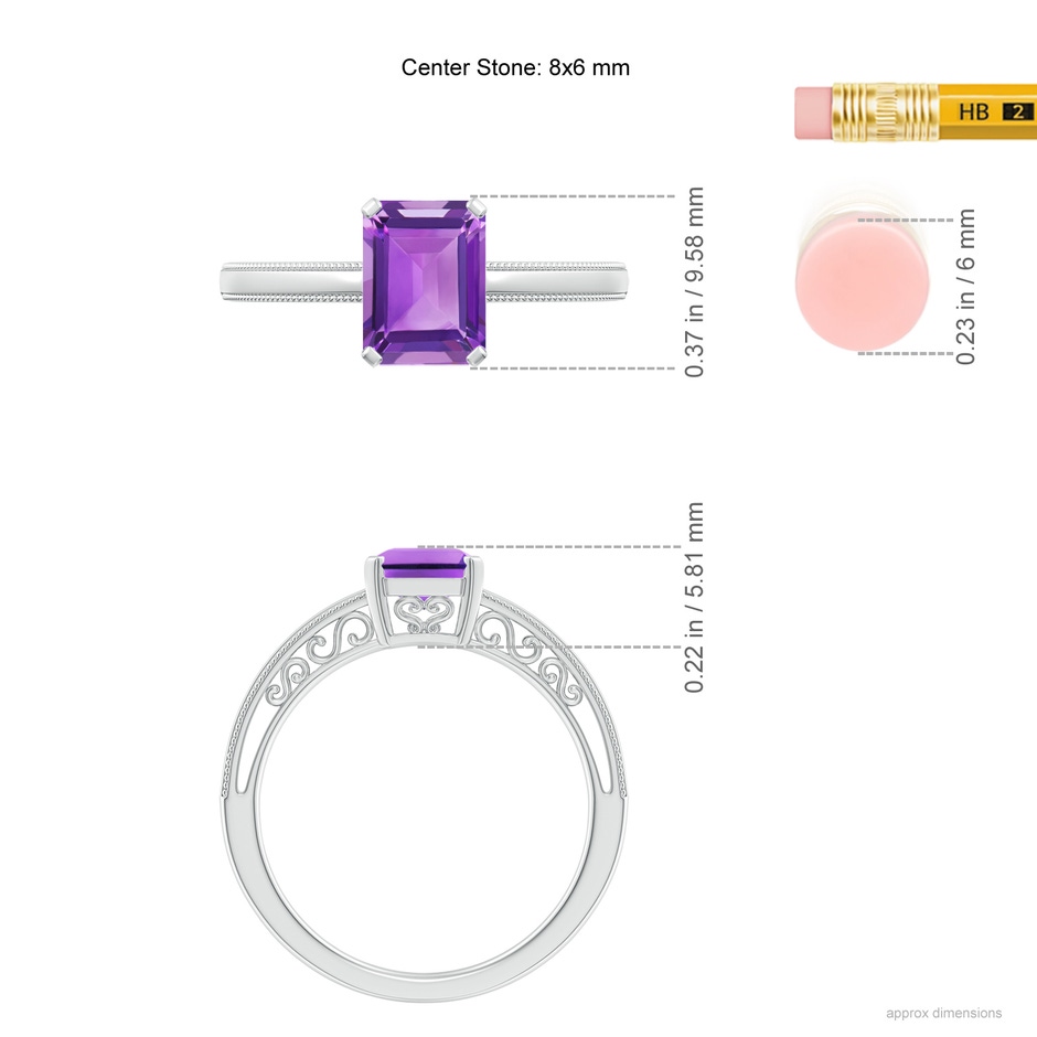 8x6mm AA Emerald Cut Amethyst Solitaire Ring with Milgrain in White Gold ruler