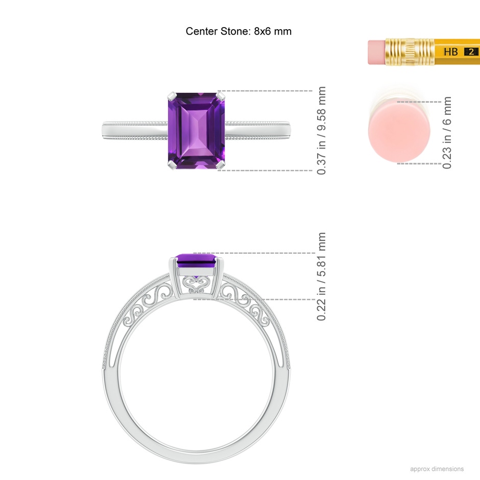 8x6mm AAAA Emerald Cut Amethyst Solitaire Ring with Milgrain in White Gold ruler