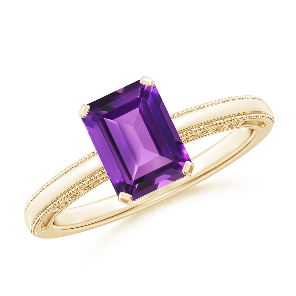 8x6mm AAAA Emerald Cut Amethyst Solitaire Ring with Milgrain in Yellow Gold