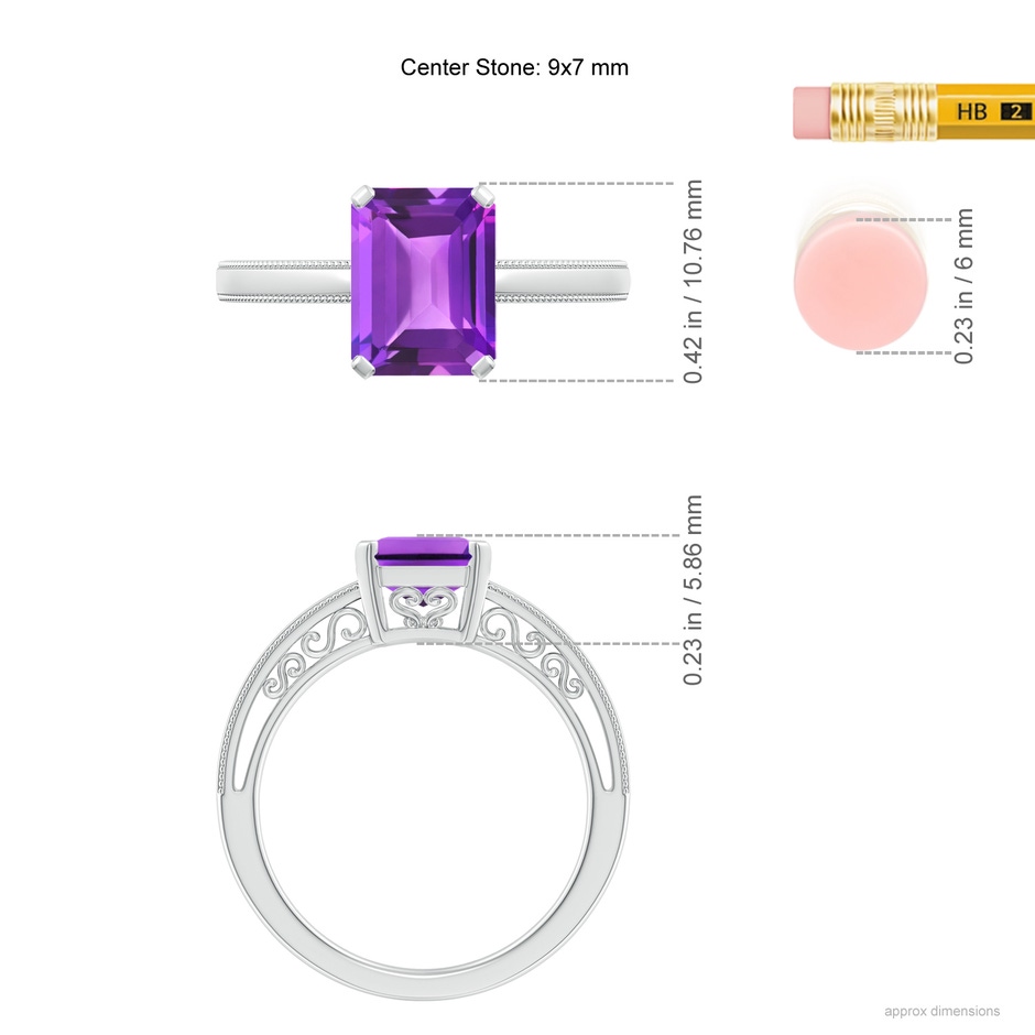9x7mm AAA Emerald Cut Amethyst Solitaire Ring with Milgrain in P950 Platinum ruler