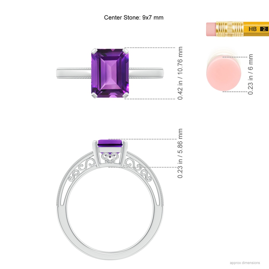 9x7mm AAAA Emerald Cut Amethyst Solitaire Ring with Milgrain in White Gold ruler