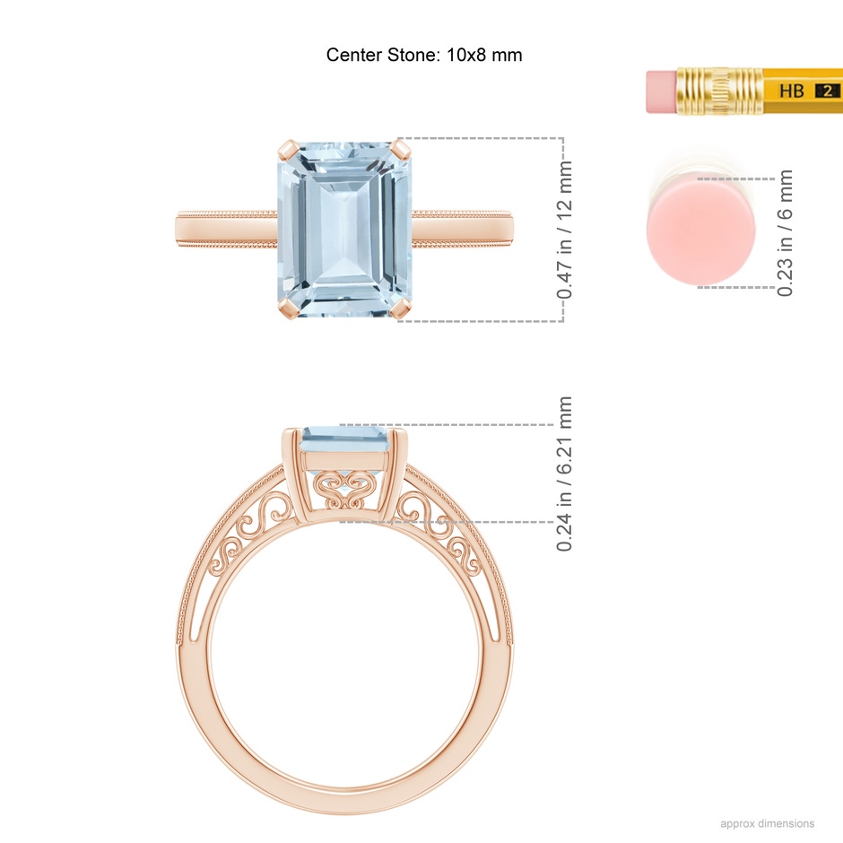 10x8mm A Emerald-Cut Aquamarine Solitaire Ring with Milgrain in Rose Gold ruler