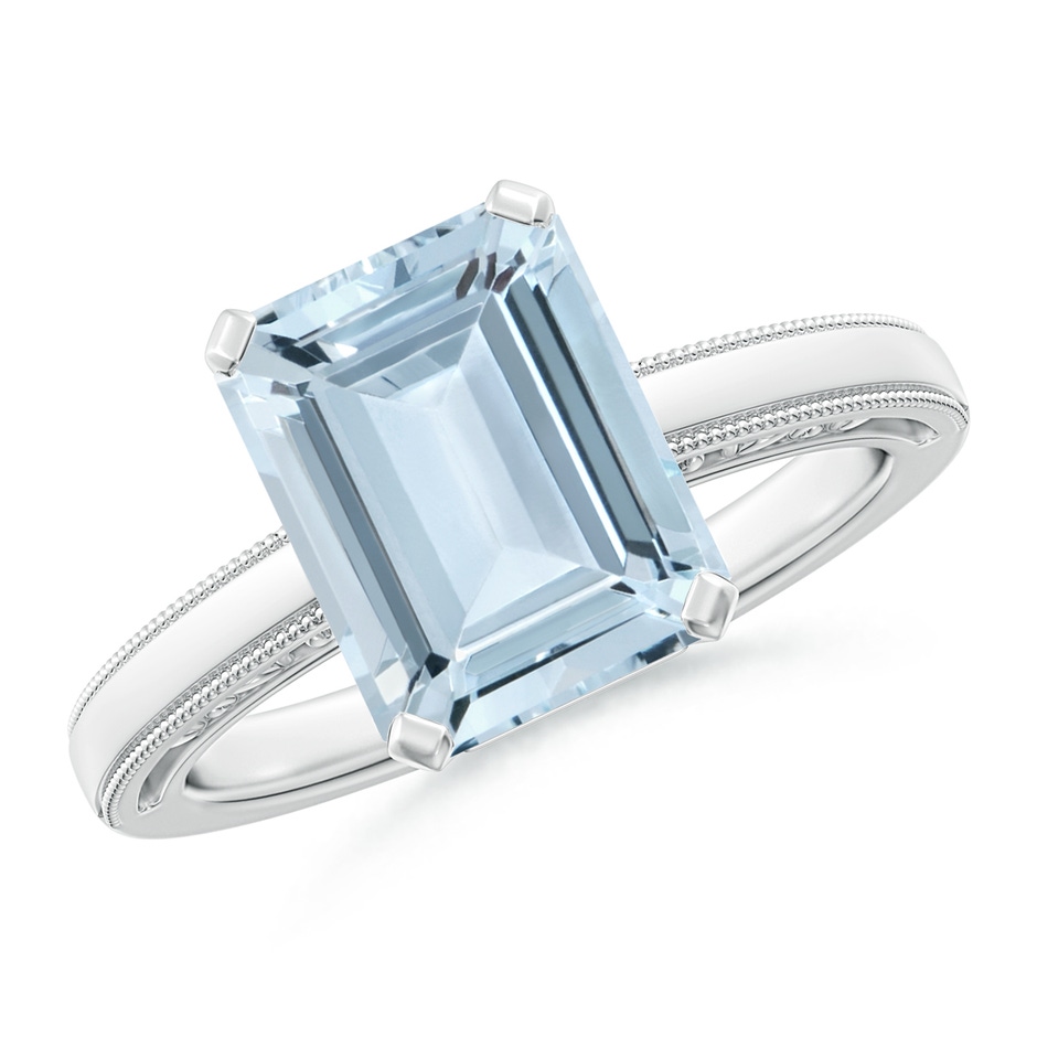 10x8mm A Emerald-Cut Aquamarine Solitaire Ring with Milgrain in White Gold 