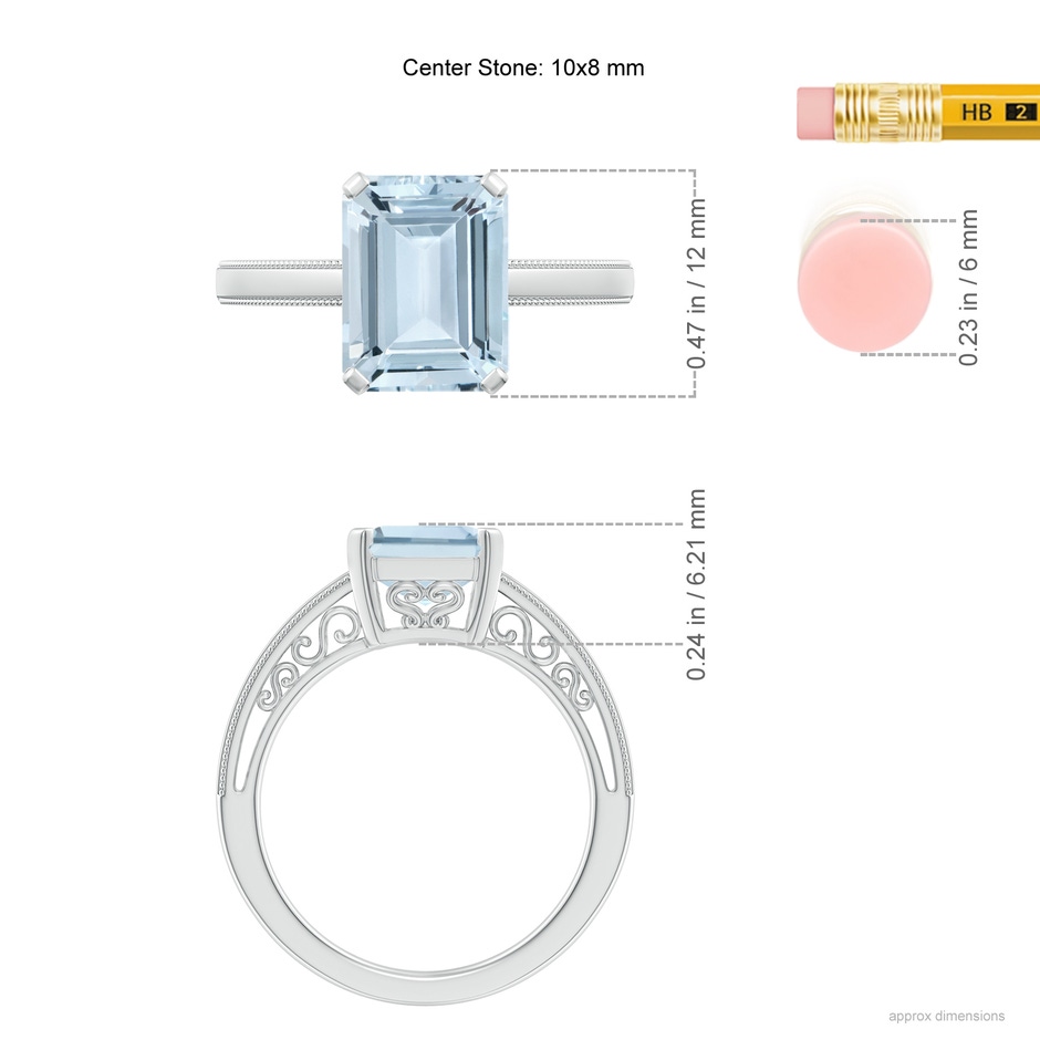 10x8mm A Emerald-Cut Aquamarine Solitaire Ring with Milgrain in White Gold ruler