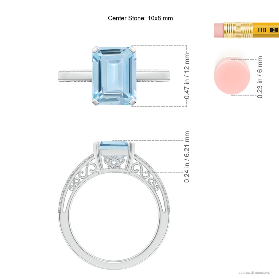 10x8mm AA Emerald-Cut Aquamarine Solitaire Ring with Milgrain in White Gold ruler