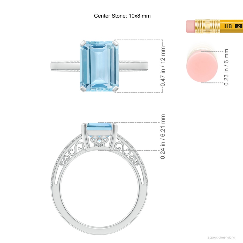 10x8mm AAA Emerald-Cut Aquamarine Solitaire Ring with Milgrain in P950 Platinum ruler